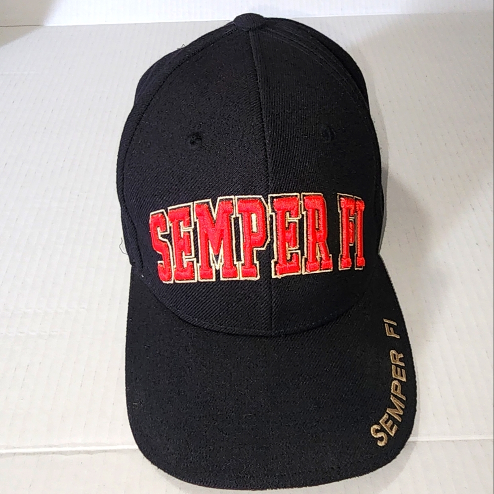 SEMPER FI MARINES HAT BLACK & RED VELCRO STRAP BACK